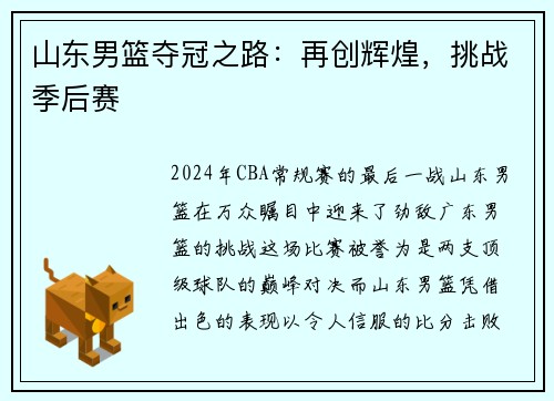 山东男篮夺冠之路：再创辉煌，挑战季后赛