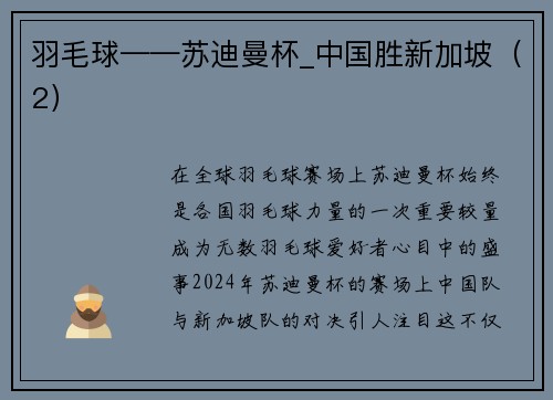 羽毛球——苏迪曼杯_中国胜新加坡（2）
